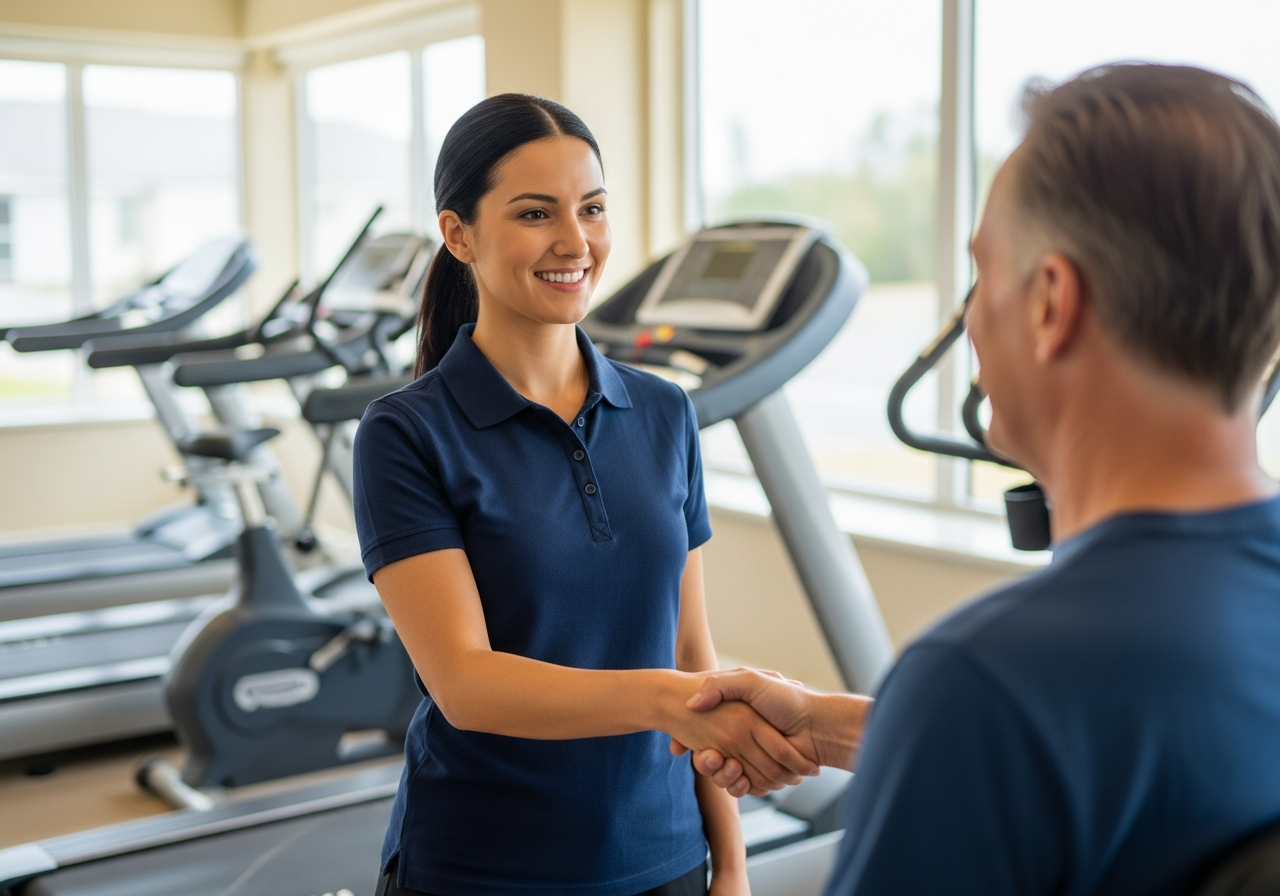 Recovered patient shaking hands with their exercise physiologist after a successful return to work