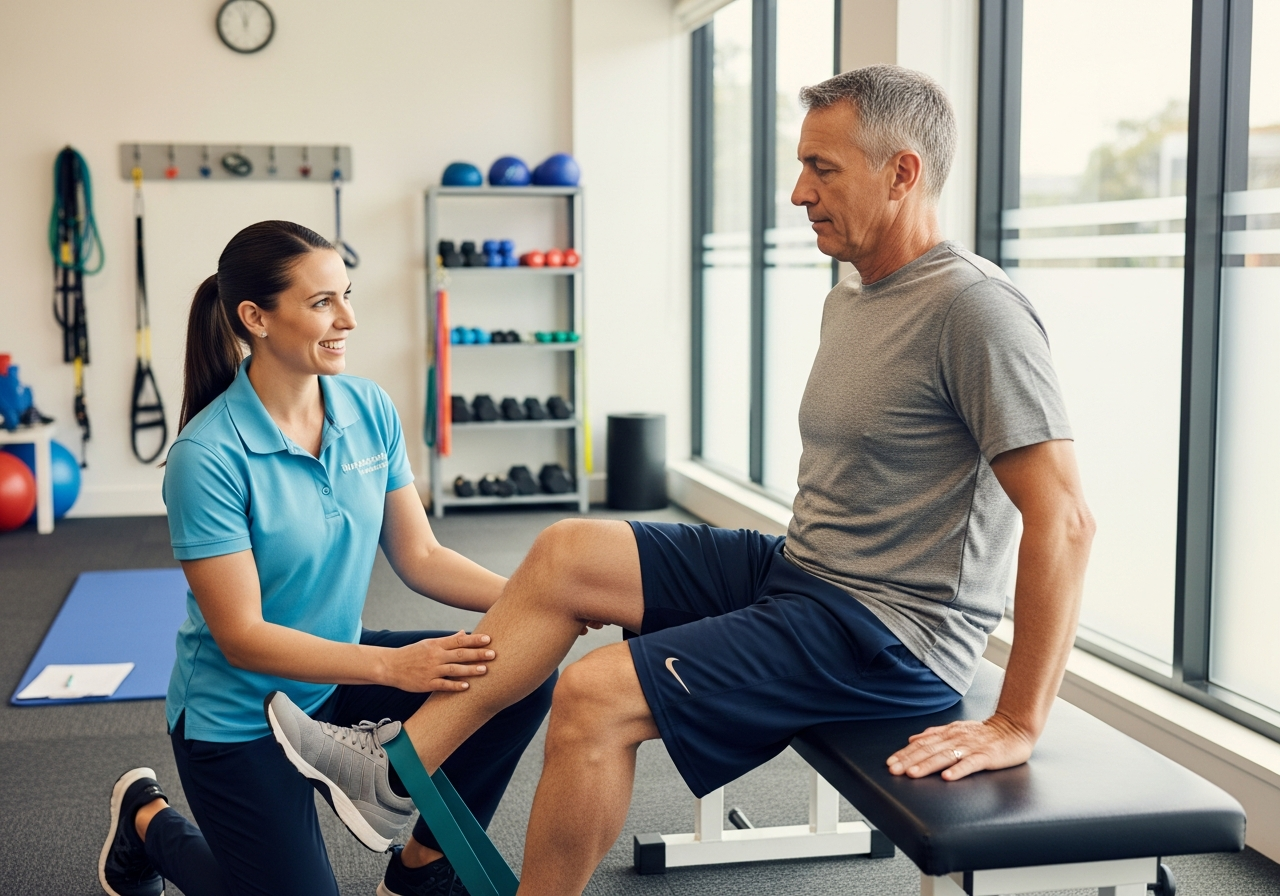 Exercise physiologist guiding a patient through a rehabilitation session in a bright clinic